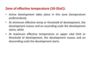 Zone of effective temperature (10-35oC):
• Active development takes place in this zone (temperature
preferendum);
• At minimum effective temp or threshold of development, the
development ceases and on ascending scale the development
starts, while
• At maximum effective temperature or upper vital limit or
threshold of development, the development ceases and on
descending scale the development starts.
 