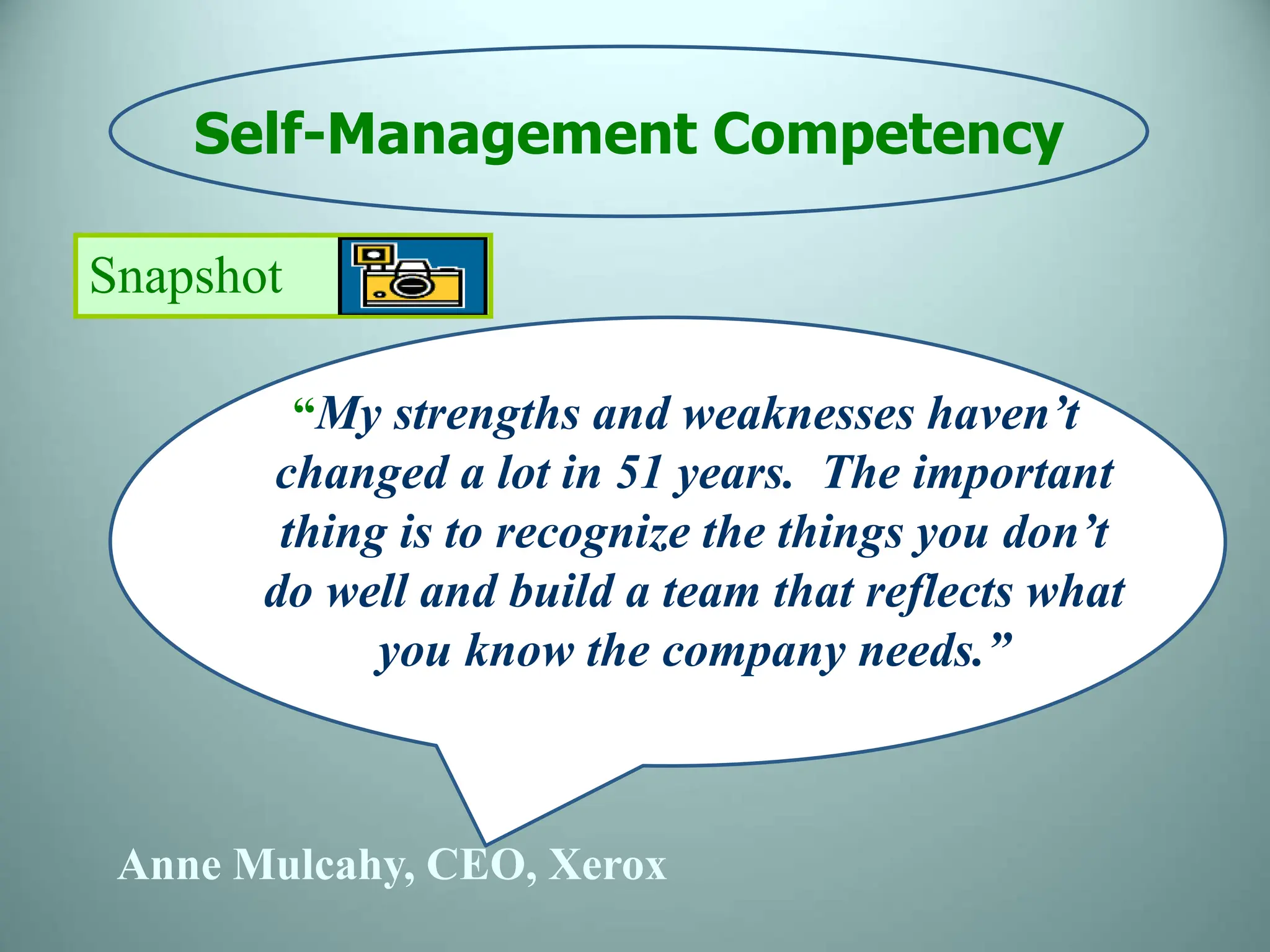 Snapshot
“My strengths and weaknesses haven’t
changed a lot in 51 years. The important
thing is to recognize the things you don’t
do well and build a team that reflects what
you know the company needs.”
Anne Mulcahy, CEO, Xerox
Self-Management Competency
 