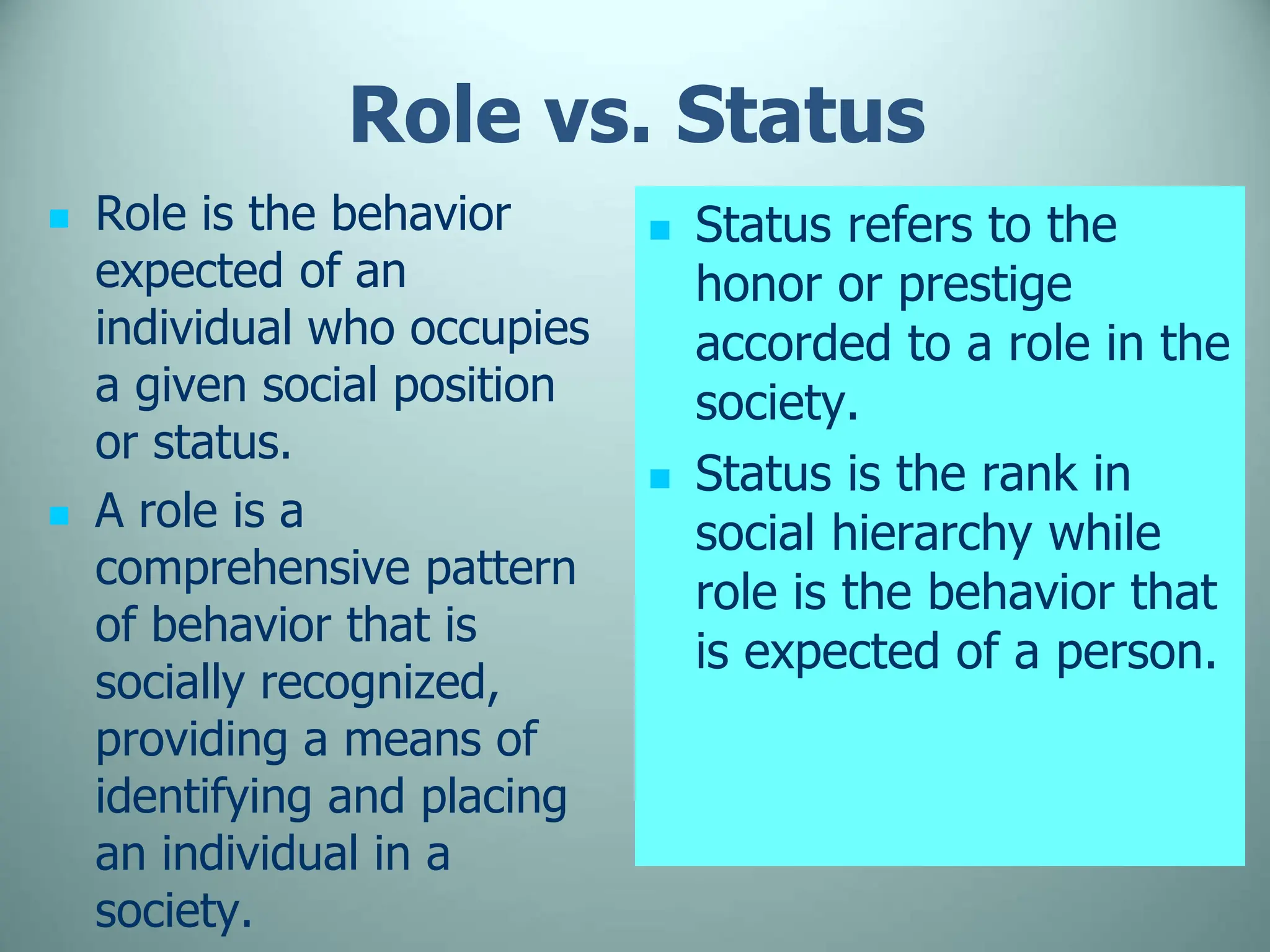 Role vs. Status
 Role is the behavior
expected of an
individual who occupies
a given social position
or status.
 A role is a
comprehensive pattern
of behavior that is
socially recognized,
providing a means of
identifying and placing
an individual in a
society.
 Status refers to the
honor or prestige
accorded to a role in the
society.
 Status is the rank in
social hierarchy while
role is the behavior that
is expected of a person.
 