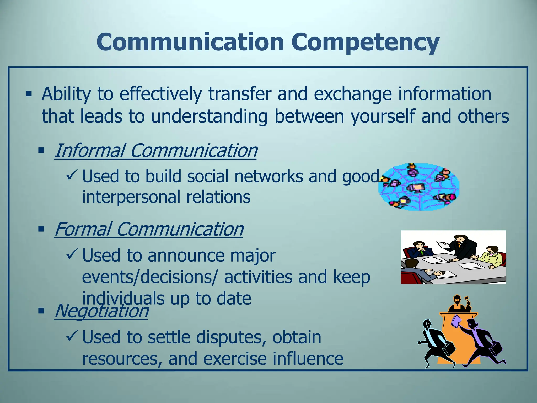 Communication Competency
 Ability to effectively transfer and exchange information
that leads to understanding between yourself and others
 Informal Communication
 Used to build social networks and good
interpersonal relations
 Formal Communication
 Used to announce major
events/decisions/ activities and keep
individuals up to date
 Negotiation
 Used to settle disputes, obtain
resources, and exercise influence
 