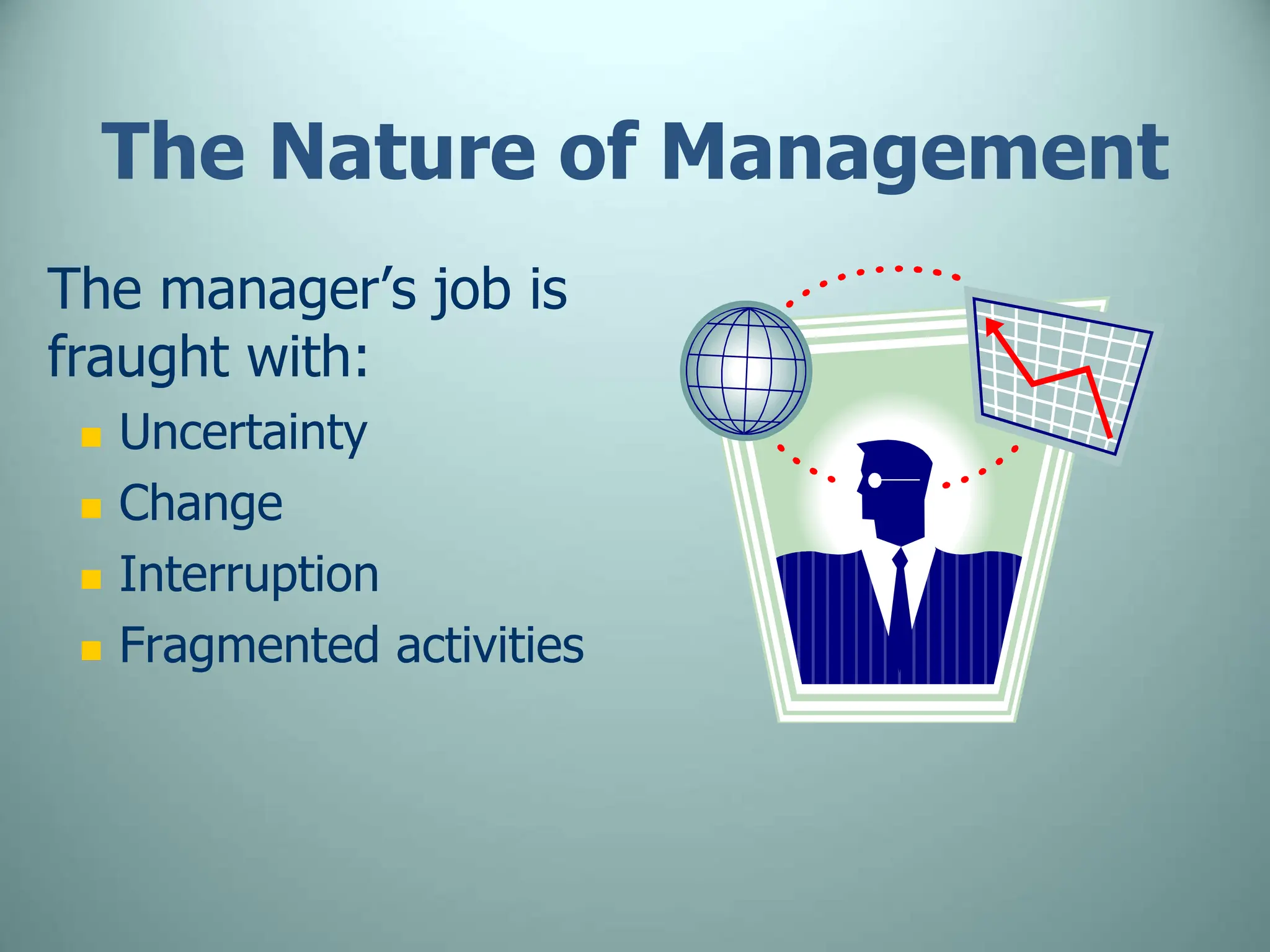 The Nature of Management
The manager’s job is
fraught with:
 Uncertainty
 Change
 Interruption
 Fragmented activities
 