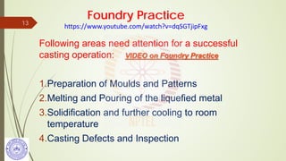 Foundry Practice
https://www.youtube.com/watch?v=dqSGTjipFxg
Following areas need attention for a successful
casting operation: VIDEO on Foundry Practice
1.Preparation of Moulds and Patterns
2.Melting and Pouring of the liquefied metal
3.Solidification and further cooling to room
temperature
4.Casting Defects and Inspection
13
 