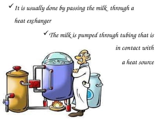 It is usually done by passing the milk through a
heat exchanger
The milk is pumped through tubing that is
in contact with
a heat source
 