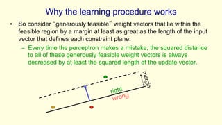 Why the learning procedure works
• So consider “generously feasible” weight vectors that lie within the
feasible region by a margin at least as great as the length of the input
vector that defines each constraint plane.
– Every time the perceptron makes a mistake, the squared distance
to all of these generously feasible weight vectors is always
decreased by at least the squared length of the update vector.
m
a
r
g
i
n
right
wrong
 