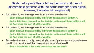 Sketch of a proof that a binary decision unit cannot
discriminate patterns with the same number of on pixels
(assuming translation with wraparound)
• For pattern A, use training cases in all possible translations.
– Each pixel will be activated by 4 different translations of pattern A.
– So the total input received by the decision unit over all these patterns will
be four times the sum of all the weights.
• For pattern B, use training cases in all possible translations.
– Each pixel will be activated by 4 different translations of pattern B.
– So the total input received by the decision unit over all these patterns will
be four times the sum of all the weights.
• But to discriminate correctly, every single case of pattern A must provide more
input to the decision unit than every single case of pattern B.
– This is impossible if the sums over cases are the same.
 