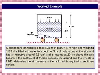 A closed tank on wheels 1 m x 1.25 m in plan, 4.5 m high and weighing
1175 N is filled with water to a depth of 3 m. A hole in one of the side wall
has an effective area of 7.5 cm2 and is located at 20 cm above the tank
bottom. If the coefficient of friction between the ground and the wheels is
0.012, determine the air pressure in the tank that is required to set it into
motion.
Air, P
3 m
4.5 m
V
20 cm
Water
Worked Example
 