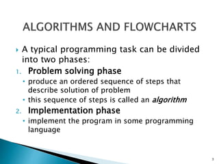 3
 A typical programming task can be divided
into two phases:
1. Problem solving phase
• produce an ordered sequence of steps that
describe solution of problem
• this sequence of steps is called an algorithm
2. Implementation phase
• implement the program in some programming
language
 