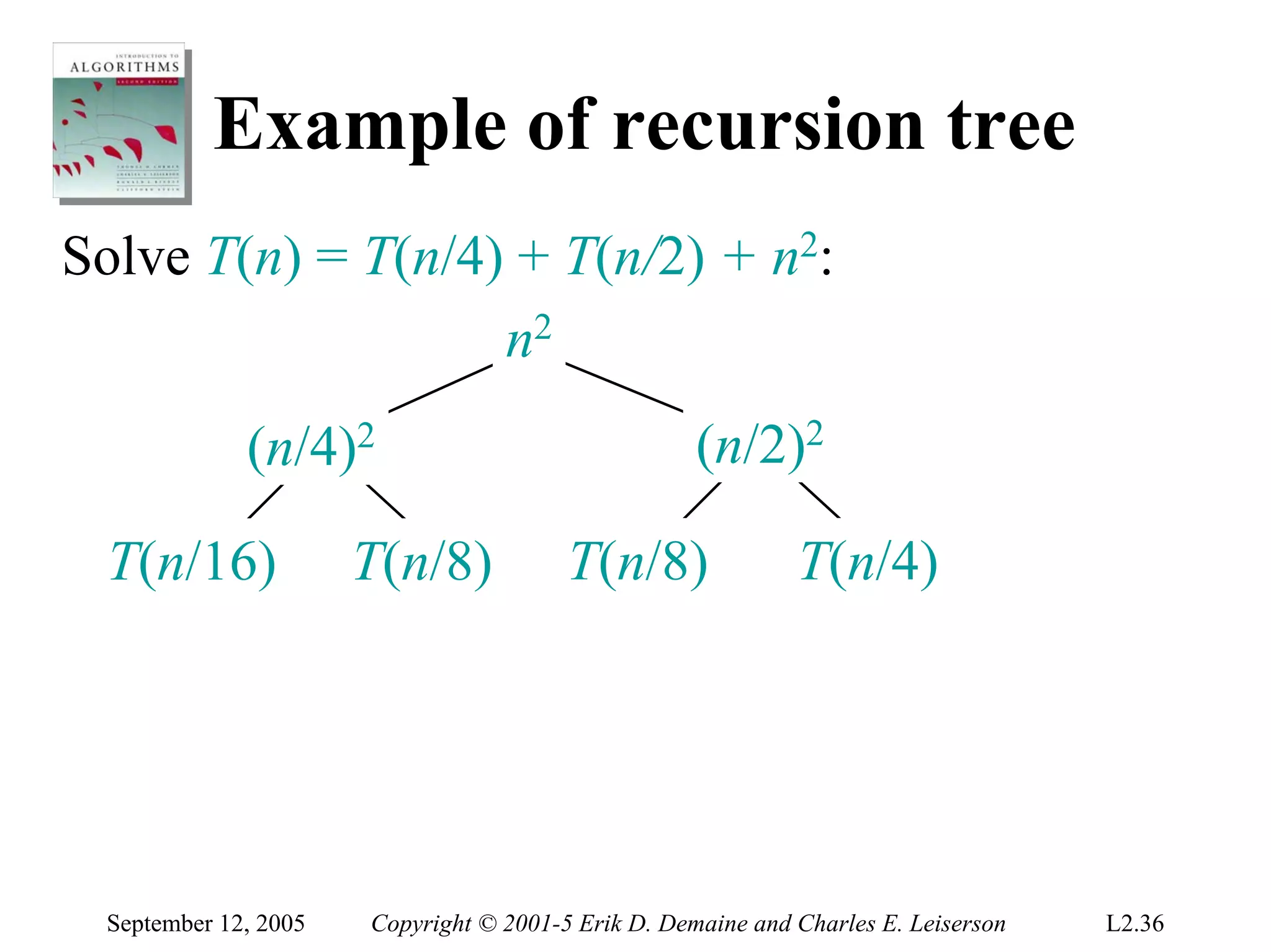 Example of recursion tree
Solve T(n) = T(n/4) + T(n/2) + n2:
                   n2
             (n/4)2                                 (n/2)2

 T(n/16)              T(n/8)            T(n/8)               T(n/4)




 September 12, 2005   Copyright © 2001-5 Erik D. Demaine and Charles E. Leiserson   L2.36
 