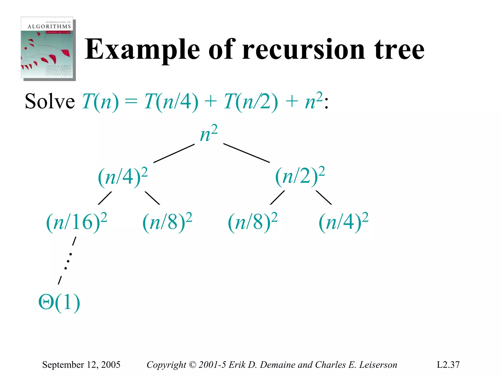 Example of recursion tree
Solve T(n) = T(n/4) + T(n/2) + n2:
                   n2
             (n/4)2                                 (n/2)2

  (n/16)2             (n/8)2             (n/8)2               (n/4)2
  …




 Θ(1)

 September 12, 2005   Copyright © 2001-5 Erik D. Demaine and Charles E. Leiserson   L2.37
 