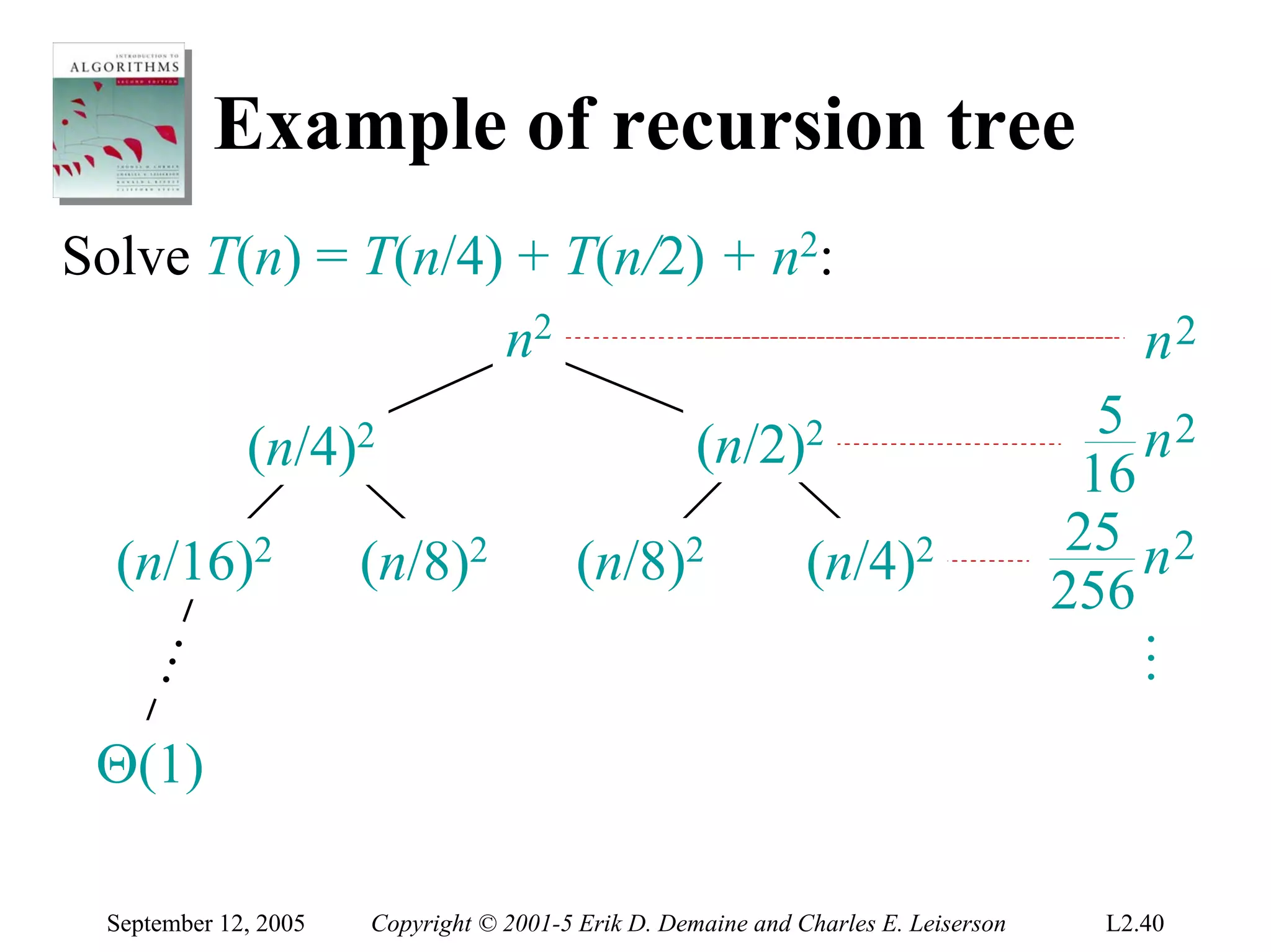 Example of recursion tree
Solve T(n) = T(n/4) + T(n/2) + n2:
                   n2                                                                    n2
                                                                                       5 n2
             (n/4)2                                 (n/2)2
                                                                                      16
                                                                                     25 n 2
  (n/16)2             (n/8)2             (n/8)2               (n/4)2
                                                                                    256




                                                                                      …
  …




 Θ(1)

 September 12, 2005   Copyright © 2001-5 Erik D. Demaine and Charles E. Leiserson     L2.40
 