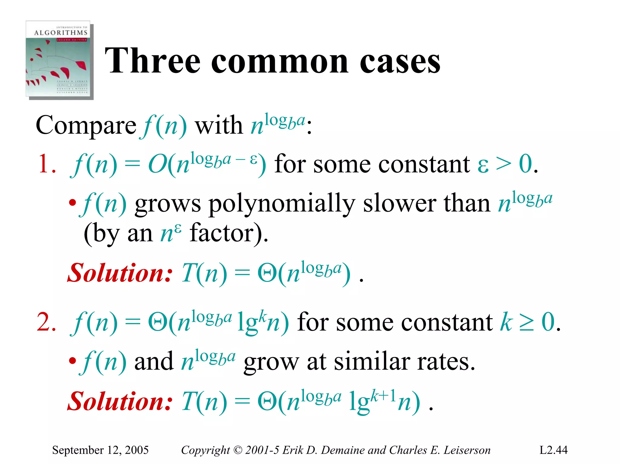 Three common cases
Compare f (n) with nlogba:
1. f (n) = O(nlogba – ε) for some constant ε > 0.
   • f (n) grows polynomially slower than nlogba
     (by an nε factor).
   Solution: T(n) = Θ(nlogba) .
2. f (n) = Θ(nlogba lgkn) for some constant k ≥ 0.
   • f (n) and nlogba grow at similar rates.
   Solution: T(n) = Θ(nlogba lgk+1n) .
 September 12, 2005   Copyright © 2001-5 Erik D. Demaine and Charles E. Leiserson   L2.44
 