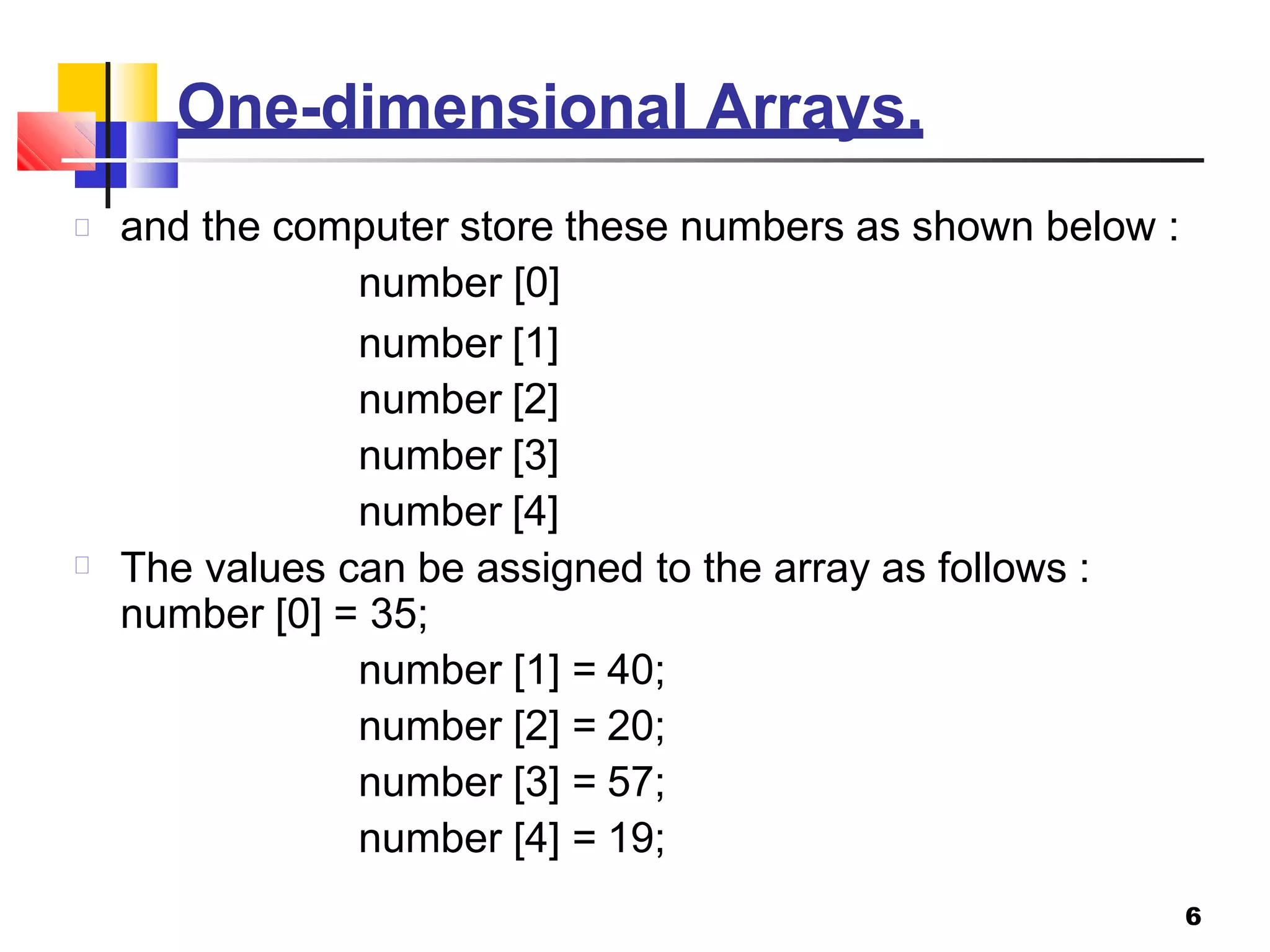 One-dimensional Arrays.
6
and the computer store these numbers as shown below :
number [0]
number [1]
number [2]
number [3]
number [4]
The values can be assigned to the array as follows :
number [0] = 35;
number [1] = 40;
number [2] = 20;
number [3] = 57;
number [4] = 19;
 