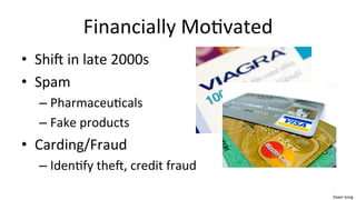 Dawn	
  Song	
  
Financially	
  Mo/vated	
  
• ShiZ	
  in	
  late	
  2000s	
  
• Spam	
  
– Pharmaceu/cals	
  
– Fake	
  products	
  
• Carding/Fraud	
  
– Iden/fy	
  theZ,	
  credit	
  fraud	
  
 