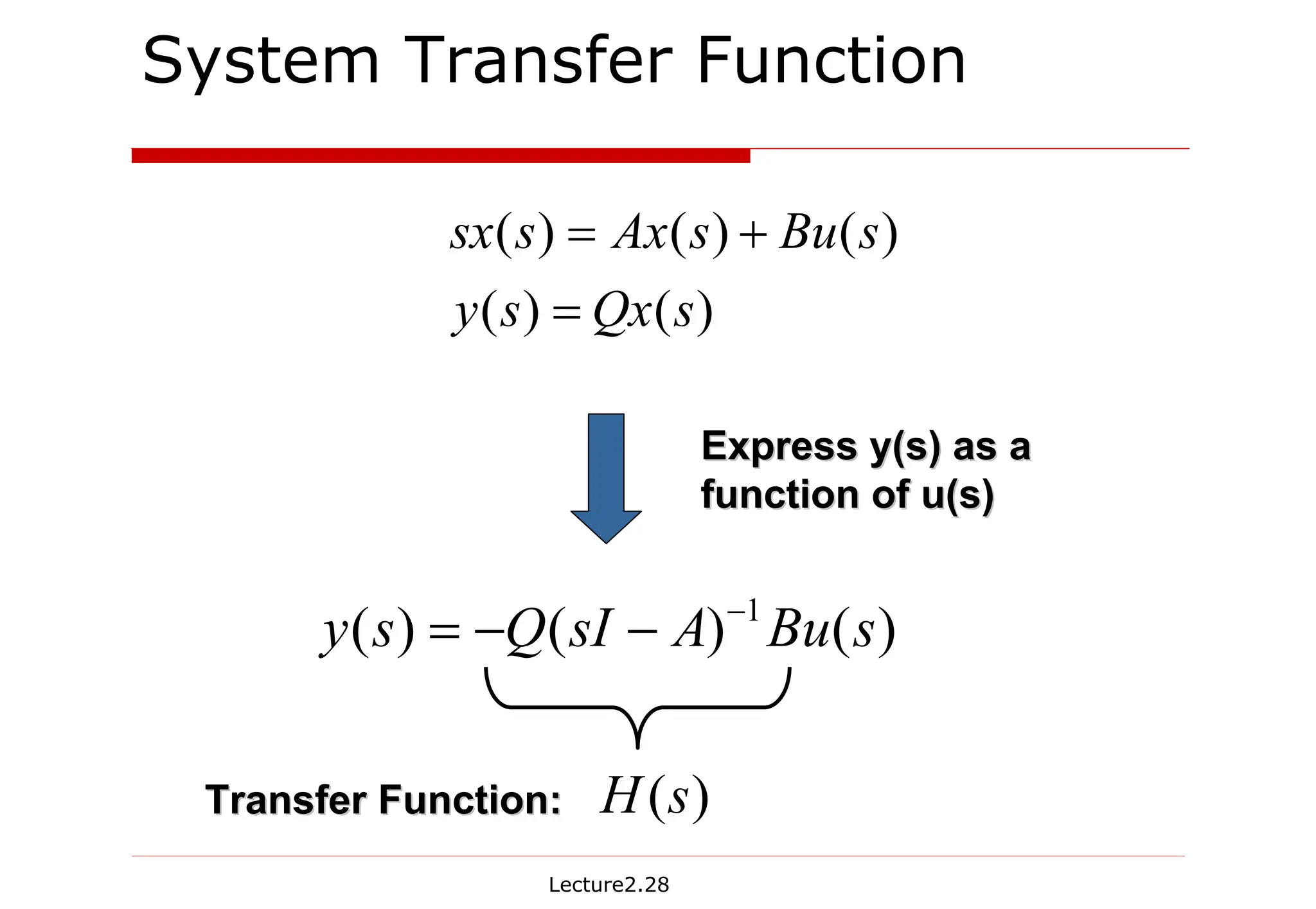 Lecture2.28
Express y(s) as a
Express y(s) as a
function of u(s)
function of u(s)
)
(
)
(
)
(
)
(
)
(
s
Qx
s
y
s
Bu
s
Ax
s
sx
=
+
=
Transfer Function:
Transfer Function: )
(s
H
)
(
)
(
)
( 1
s
Bu
A
sI
Q
s
y −
−
−
=
System Transfer Function
 