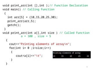 8
void print_arr(int [],int );// Function Declaration
void main() // Calling Function
{
int arr[5] = {10,15,20,25,30};
print_arr(arr,5);
getch();
}
void print_arr(int a[],int size ) // Called Function
a = 100 , size = 5
{
cout<<"Printing elements of arrayn";
for(int i= 0 ;i<size;i++)
{
cout<a[i]<<"t";
}
}
 