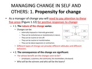 MANAGING CHANGE IN SELF AND
OTHERS: 1. Propensity for change
• As a manager of change you will need to pay attention to these
five areas (Figure 1.12) for positive responses to change:
– • 1. The nature of the change varies:
• Changes can be:
–
–
–
–
–

externally imposed or internally generated.
They can be evolutionary or revolutionary in nature.
They can be routine or one-off.
They can be routine or transformative.
They can be about expansion or contraction.

• Different types of change can provoke different attitudes and different
behaviors.

– • 2. The consequences of the change are significant:
• For whose benefit are the changes seen to be?
– (employees, customers, the community, the shareholders, the board)

• Who will be the winners and who will be the losers?

 
