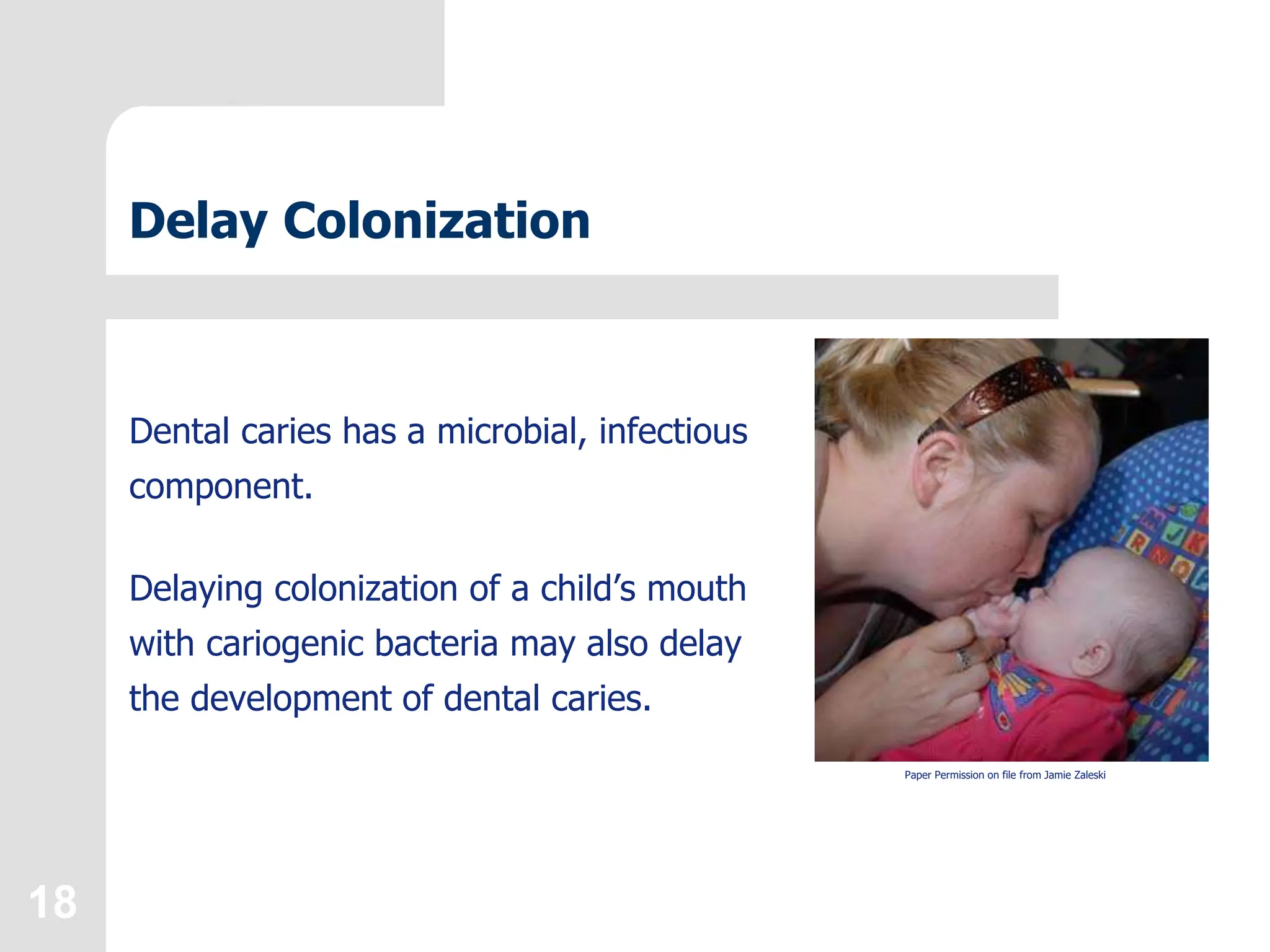 18
Delay Colonization
Dental caries has a microbial, infectious
component.
Delaying colonization of a child’s mouth
with cariogenic bacteria may also delay
the development of dental caries.
Paper Permission on file from Jamie Zaleski
 