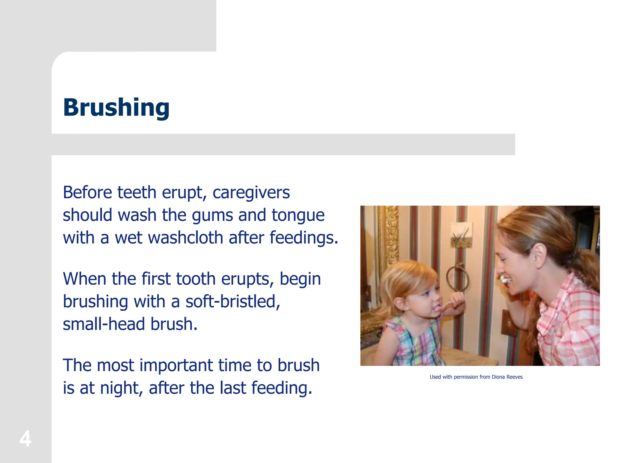 4
Brushing
Before teeth erupt, caregivers
should wash the gums and tongue
with a wet washcloth after feedings.
When the first tooth erupts, begin
brushing with a soft-bristled,
small-head brush.
The most important time to brush
is at night, after the last feeding.
Used with permission from Diona Reeves
 