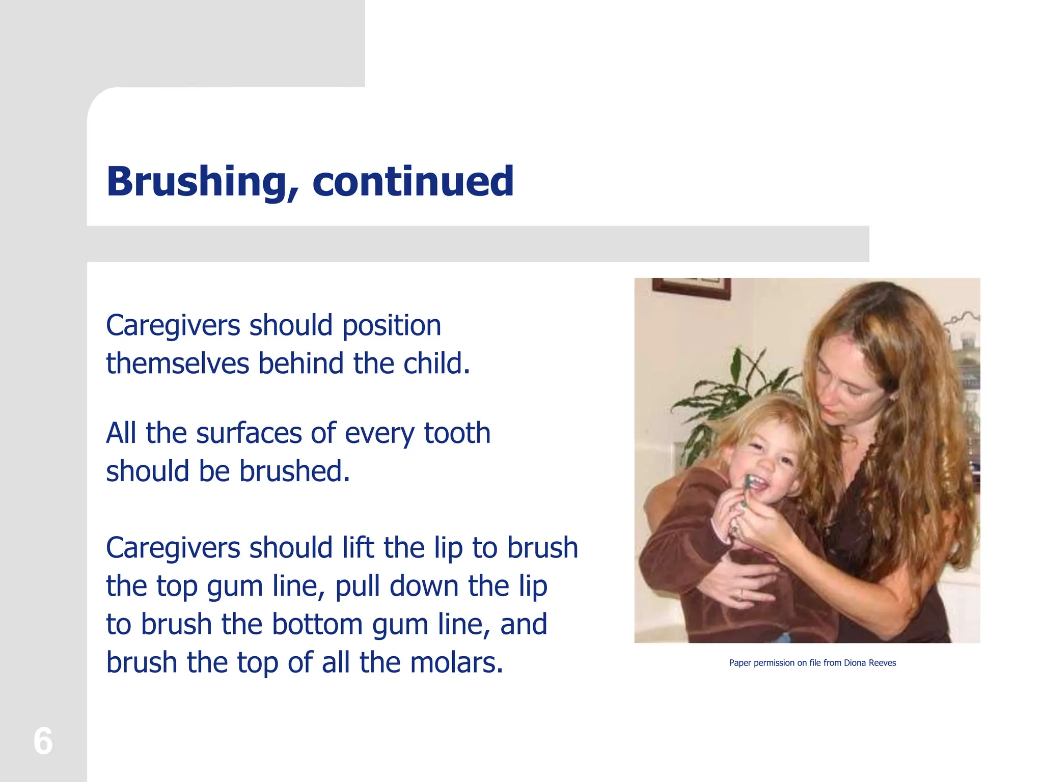 6
Brushing, continued
Caregivers should position
themselves behind the child.
All the surfaces of every tooth
should be brushed.
Caregivers should lift the lip to brush
the top gum line, pull down the lip
to brush the bottom gum line, and
brush the top of all the molars. Paper permission on file from Diona Reeves
 