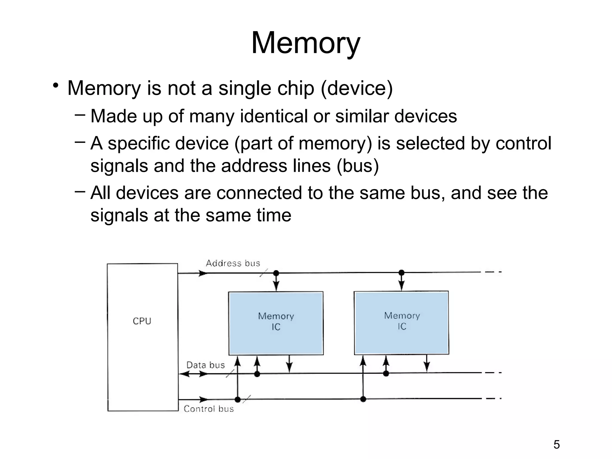 Memory
• Memory is not a single chip (device)
  – Made up of many identical or similar devices
  – A specific device (part of memory) is selected by control
    signals and the address lines (bus)
  – All devices are connected to the same bus, and see the
    signals at the same time




                                                                5
 