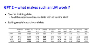 GPT 2 – what makes such an LM work ?
● Diverse training data
○ Model can do many disparate tasks with no training at all!
● Scaling model capacity and data
 