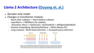 Llama 2 Architecture (Ouyang et. al.)
● Decoder-only model
● Changes in transformer module:
○ Norm after sublayer -> Norm before sublayer
○ LayerNorm -> RMSNorm for stability
○ Activation: ReLU -> SwiGLU(x) = Swish(xW)xV = xWSigmoid(AxW)xV
○ Position Embedding: Absolute/Relative -> RoPE (Rotary PE)
○ Long contexts : Multi-head attention -> Grouped-query attention
 