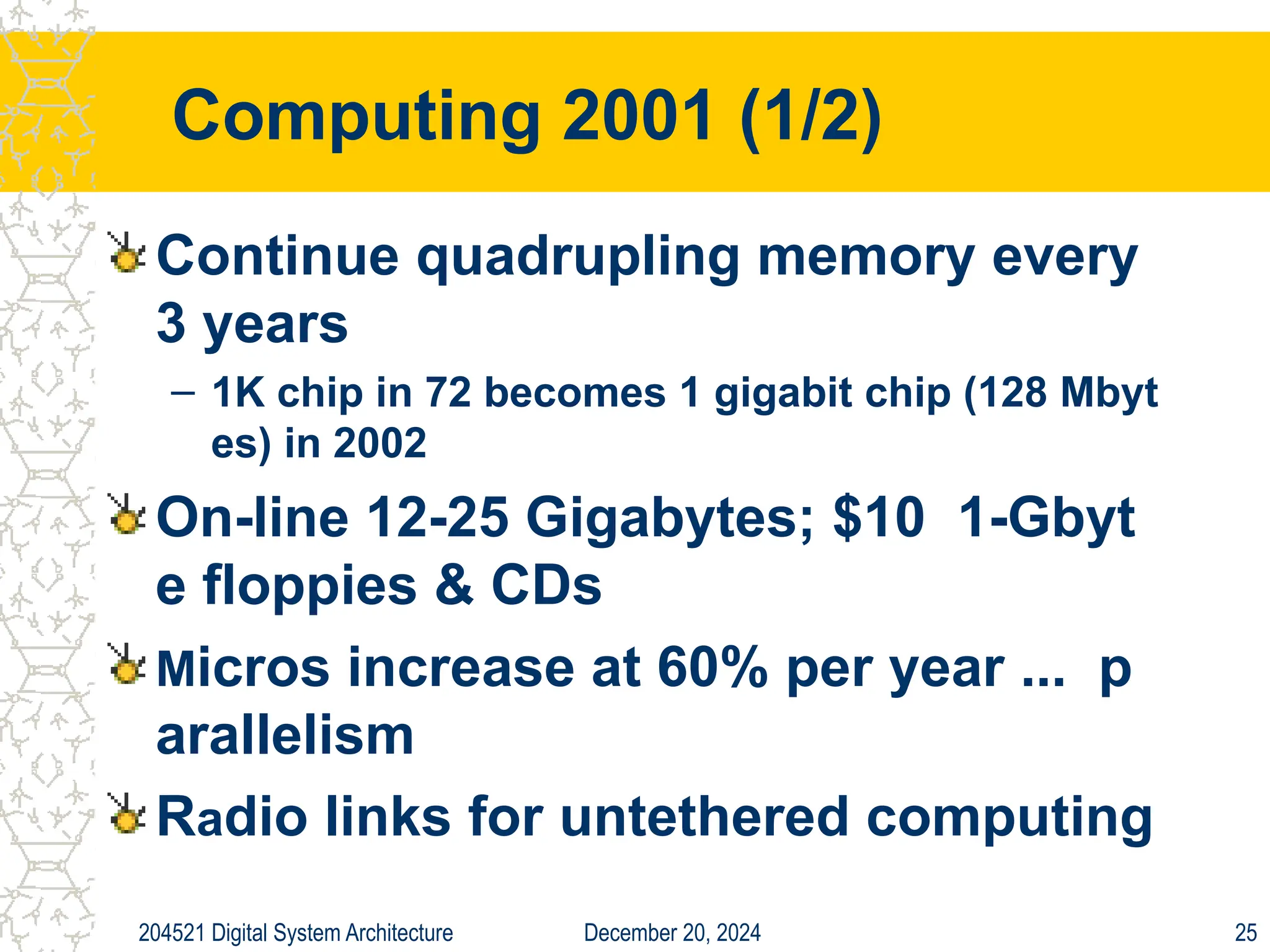 December 20, 2024
204521 Digital System Architecture 25
Computing 2001 (1/2)
Continue quadrupling memory every
3 years
– 1K chip in 72 becomes 1 gigabit chip (128 Mbyt
es) in 2002
On-line 12-25 Gigabytes; $10 1-Gbyt
e floppies & CDs
Micros increase at 60% per year ... p
arallelism
Radio links for untethered computing
 