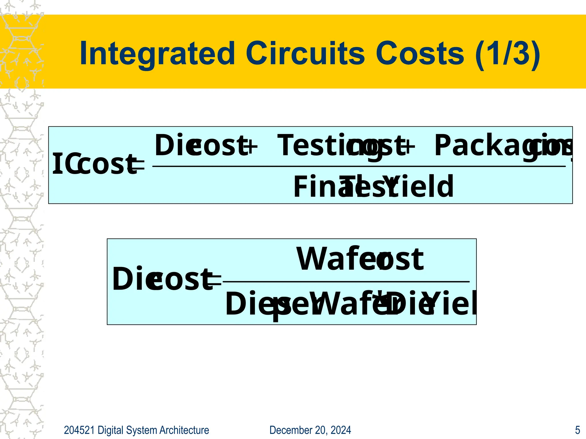 December 20, 2024
204521 Digital System Architecture 5
Integrated Circuits Costs (1/3)
Yield
Test
Final
cost
Packaging
cost
Testing
cost
Die
cost
IC



Yield
Die
*
Wafer
per
Dies
cost
Wafer
cost
Die 
 