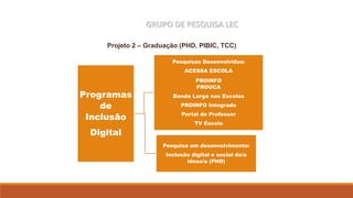 GRUPO DE PESQUISA LEC
Programas
de
Inclusão
Digital
Pesquisas Desenvolvidas:
ACESSA ESCOLA
PROINFO
PROUCA
Banda Larga nas Escolas
PROINFO Integrado
Portal do Professor
TV Escola
Pesquisa em desenvolvimento:
Inclusão digital e social do/a
idoso/a (PHD)
Projeto 2 – Graduação (PHD, PIBIC, TCC)
 