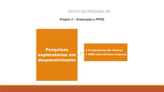 GRUPO DE PESQUISA LEC
Pesquisas
exploratórias em
desenvolvimento
- 2 M (estudantes Ed. Básica)
- 1 PIBIC (Net-ativismo indígena)
Projeto 3 – Graduação e PPGE
 