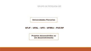GRUPO DE PESQUISA LEC
UFJF – UFAL – UFS – UFRRJ – PUC/SP
Universidades Parcerias
Projetos desenvolvidos ou
em desenvolvimento
 