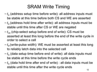 SRAM Write Timing
– tAS (address setup time before write): all address inputs must
  be stable at this time before both CS and WE are asserted
– tAH (address hold time after write): all address inputs must be
  stable until this time after CS or WE are negated
– tCSW (chip-select setup before end of write): CS must be
  asserted at least this long before the end of the write cycle in
  order to select a cell
– tWP (write-pulse width): WE must be asserted at least this long
  to reliably latch data into the selected cell
– tDS (data setup time before end of write): all data inputs must
  be stable at this time before the write cycle ends
– tDH (data hold time after end of write) : all data inputs must be
  stable until this time after the write cycle ends
                                                             12
 
