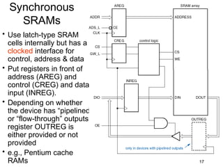 Synchronous
    SRAMs
• Use latch-type SRAM
  cells internally but has a
  clocked interface for
  control, address & data
• Put registers in front of
  address (AREG) and
  control (CREG) and data
  input (INREG).
• Depending on whether
  the device has “pipelined”
  or “flow-through” outputs
  register OUTREG is
  either provided or not
  provided
• e.g., Pentium cache
  RAMs                         17
 