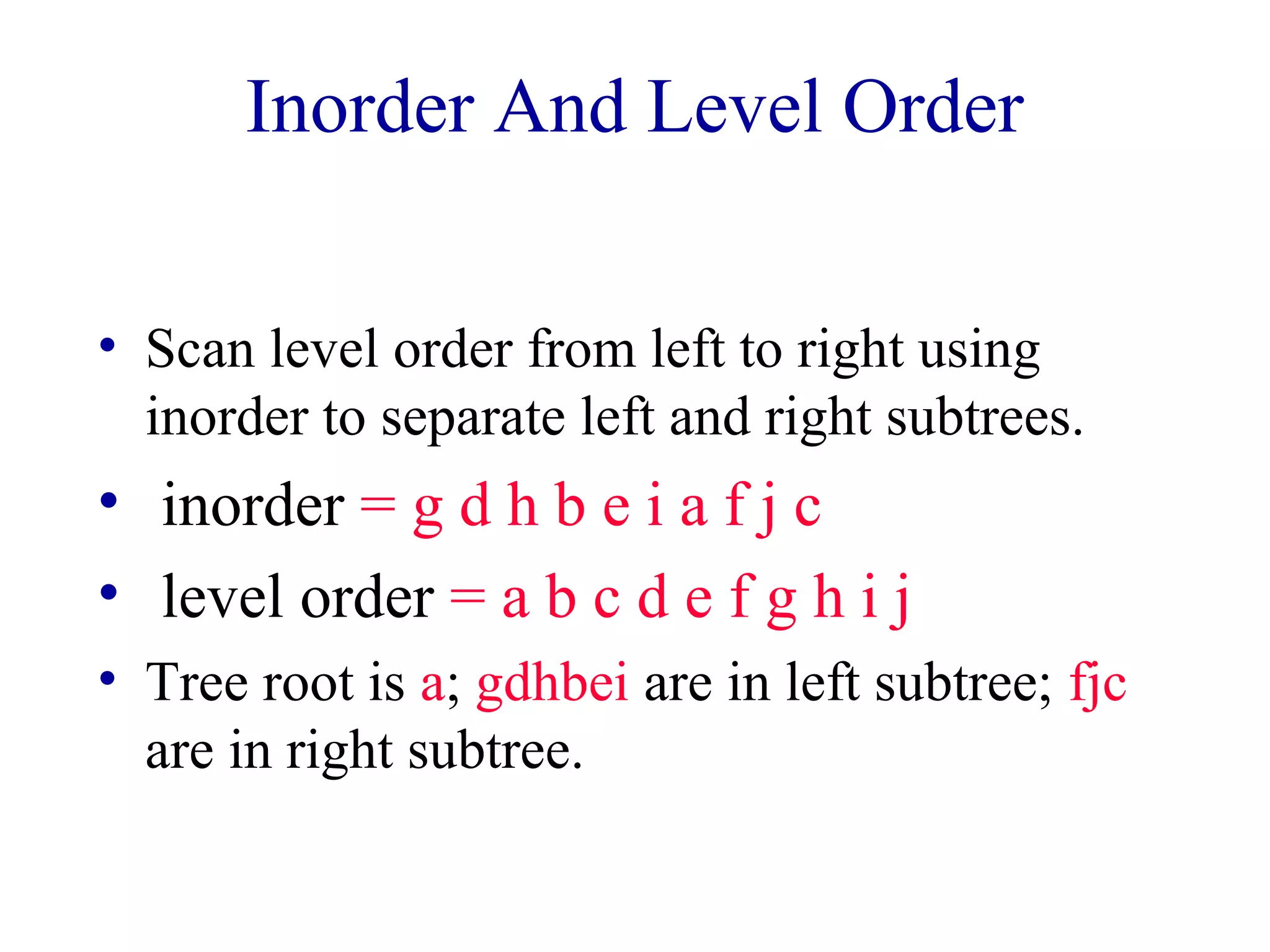 Inorder And Level Order 
• Scan level order from left to right using 
inorder to separate left and right subtrees. 
• inorder = g d h b e i a f j c 
• level order = a b c d e f g h i j 
• Tree root is a; gdhbei are in left subtree; fjc 
are in right subtree. 
