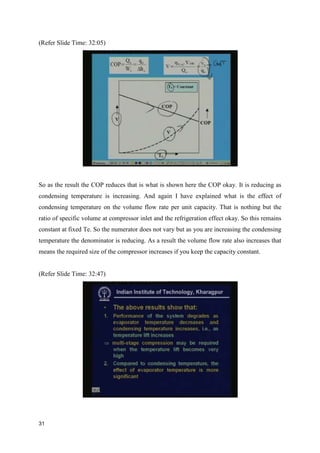 (Refer Slide Time: 32:05)
So as the result the COP reduces that is what is shown here the COP okay. It is reducing as
condensing temperature is increasing. And again I have explained what is the effect of
condensing temperature on the volume flow rate per unit capacity. That is nothing but the
ratio of specific volume at compressor inlet and the refrigeration effect okay. So this remains
constant at fixed Te. So the numerator does not vary but as you are increasing the condensing
temperature the denominator is reducing. As a result the volume flow rate also increases that
means the required size of the compressor increases if you keep the capacity constant.
(Refer Slide Time: 32:47)
31
 