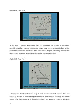 (Refer Slide Time: 52:37)
So this is the PV diagram with pressure drops. So you can see that had there be no pressure
drop this would have been the compression process okay. Let us say that this, I am writing
point one two three four. So one two three four is the PV diagram without any pressure drop
okay, without delta P but with pressure drop the cycle becomes one dash.
(Refer Slide Time: 53:14)
Let us say two dash three four dash okay the cycle becomes one dash two dash three four
dash okay. So what is the effect of pressure drop on the volumetric efficiency you can see
that the effect of pressure drop on volumetric efficiency is to reduce the volume of refrigerant
44
 
