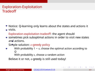 Exploration-Exploitation
Tradeoff
Notice: Q-learning only learns about the states and actions it
visits.
Exploration-exploitation tradeoff: the agent should
sometimes pick suboptimal actions in order to visit new states
and actions.
Simple solution: ϵ-greedy policy
With probability 1 − ϵ, choose the optimal action according to
Q
With probability ϵ, choose a random action
Believe it or not, ϵ-greedy is still used today!
Roger Grosse and Jimmy CSC421/2516 Lecture 21: Q- 14 /
 
