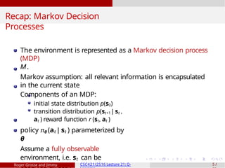 Recap: Markov Decision
Processes
The environment is represented as a Markov decision process
(MDP)
M.
Markov assumption: all relevant information is encapsulated
in the current state
Components of an MDP:
initial state distribution p(s0)
transition distribution p(st+1 | st ,
at ) reward function r (st, at )
policy πθ (at | st ) parameterized by
θ
Assume a fully observable
environment, i.e. st can be
Roger Grosse and Jimmy CSC421/2516 Lecture 21: Q- 5 /
 