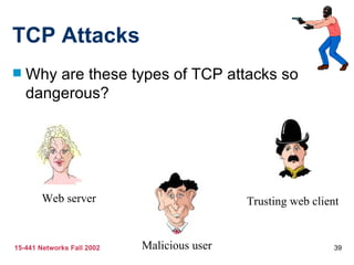 TCP Attacks
   Why are these types of TCP attacks so
    dangerous?




        Web server                           Trusting web client


15-441 Networks Fall 2002   Malicious user                     39
 
