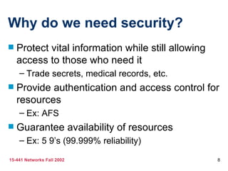 Why do we need security?
   Protect vital information while still allowing
    access to those who need it
    – Trade secrets, medical records, etc.
   Provide authentication and access control for
    resources
    – Ex: AFS
   Guarantee availability of resources
    – Ex: 5 9’s (99.999% reliability)

15-441 Networks Fall 2002                            8
 