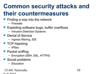 Common security attacks and
their countermeasures
   Finding a way into the network
    – Firewalls
   Exploiting software bugs, buffer overflows
    – Intrusion Detection Systems
   Denial of Service
    – Ingress filtering, IDS
   TCP hijacking
    – IPSec
   Packet sniffing
    – Encryption (SSH, SSL, HTTPS)
   Social problems
    – Education

15-441 Networks                                  10
 
