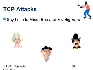 TCP Attacks
 Say   hello to Alice, Bob and Mr. Big Ears




15-441 Networks                        33
 