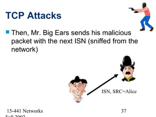 TCP Attacks
 Then,Mr. Big Ears sends his malicious
 packet with the next ISN (sniffed from the
 network)




                              ISN, SRC=Alice


15-441 Networks                      37
 