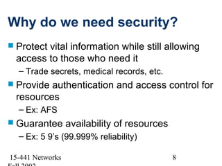 Why do we need security?
 Protect
        vital information while still allowing
 access to those who need it
  – Trade secrets, medical records, etc.
 Provideauthentication and access control for
 resources
  – Ex: AFS
 Guarantee       availability of resources
  – Ex: 5 9’s (99.999% reliability)

15-441 Networks                               8
 