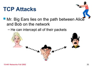 15-441 Networks Fall 2002 35
TCP Attacks
 Mr. Big Ears lies on the path between Alice
and Bob on the network
– He can intercept all of their packets
 