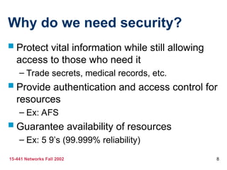 15-441 Networks Fall 2002 8
Why do we need security?
 Protect vital information while still allowing
access to those who need it
– Trade secrets, medical records, etc.
 Provide authentication and access control for
resources
– Ex: AFS
 Guarantee availability of resources
– Ex: 5 9’s (99.999% reliability)
 