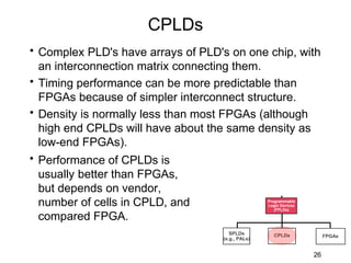 CPLDs
• Complex PLD's have arrays of PLD's on one chip, with
  an interconnection matrix connecting them.
• Timing performance can be more predictable than
  FPGAs because of simpler interconnect structure.
• Density is normally less than most FPGAs (although
  high end CPLDs will have about the same density as
  low-end FPGAs).
• Performance of CPLDs is
  usually better than FPGAs,
  but depends on vendor,
  number of cells in CPLD, and                    Programmable
                                                  Logic Devices
                                                     (FPLDs)

  compared FPGA.
                                      SPLDs          CPLDs             FPGAs
                                   (e.g., PALs)


                                                                  26
 