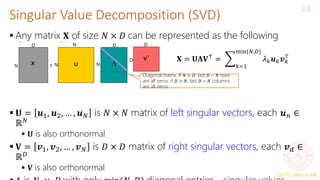 CS771: Intro to ML
Singular Value Decomposition (SVD)
14
 Any matrix 𝐗 of size 𝑁 × 𝐷 can be represented as the following
decomposition
 𝐔 = 𝒖1, 𝒖2, … , 𝒖𝑁 is 𝑁 × 𝑁 matrix of left singular vectors, each 𝒖𝑛 ∈
ℝ𝑁
 𝐔 is also orthonormal
 𝐕 = 𝒗1, 𝒗2, … , 𝒗𝑁 is 𝐷 × 𝐷 matrix of right singular vectors, each 𝒗𝑑 ∈
ℝ𝐷
 𝐕 is also orthonormal
𝐗 = 𝐔𝚲𝐕⊤ =
𝑘=1
min{𝑁,𝐷}
𝜆𝑘𝒖𝑘𝒗𝑘
⊤
Diagonal matrix. If 𝑁 > 𝐷, last 𝐷 − 𝑁 rows
are all zeros; if 𝐷 > 𝑁, last 𝐷 − 𝑁 columns
are all zeros
 