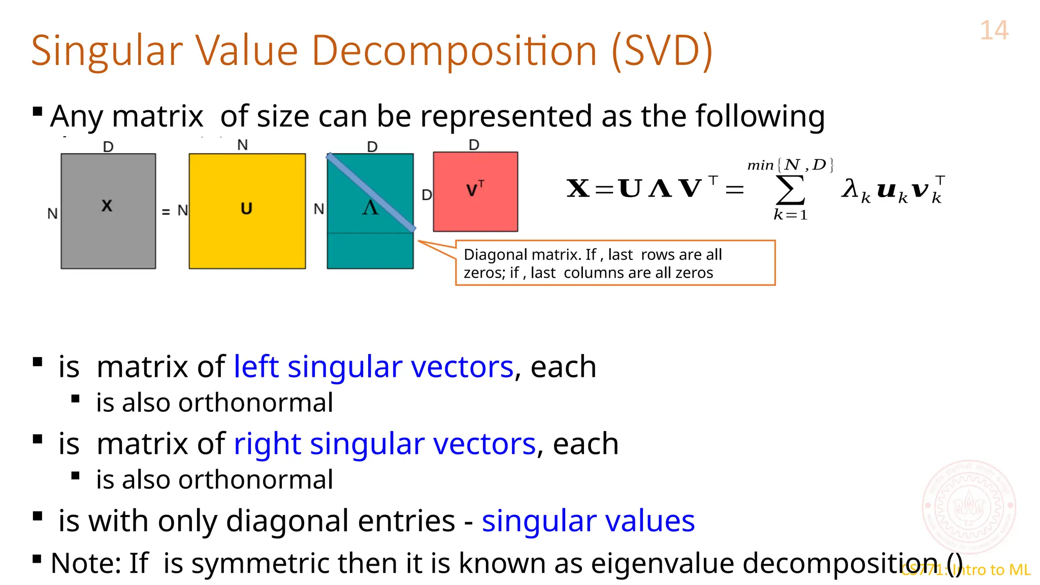 CS771: Intro to ML
Singular Value Decomposition (SVD)
14
 Any matrix of size can be represented as the following
decomposition
 is matrix of left singular vectors, each
 is also orthonormal
 is matrix of right singular vectors, each
 is also orthonormal
 is with only diagonal entries - singular values
 Note: If is symmetric then it is known as eigenvalue decomposition ()
𝐗=𝐔 𝚲 𝐕⊤
= ∑
𝑘=1
min {𝑁 , 𝐷 }
𝜆𝑘 𝒖𝑘 𝒗𝑘
⊤
Diagonal matrix. If , last rows are all
zeros; if , last columns are all zeros
 