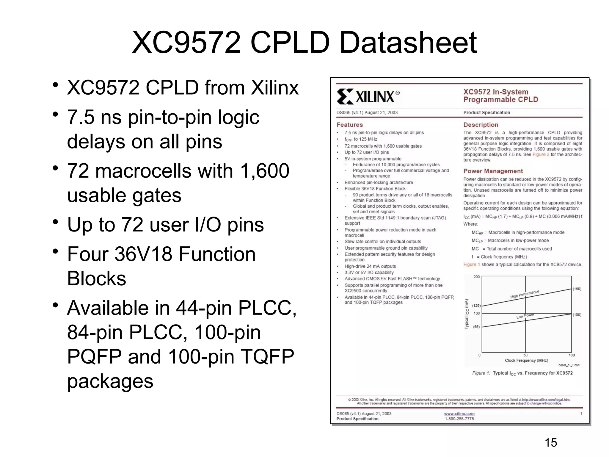 XC9572 CPLD Datasheet
• XC9572 CPLD from Xilinx
• 7.5 ns pin-to-pin logic
  delays on all pins
• 72 macrocells with 1,600
  usable gates
• Up to 72 user I/O pins
• Four 36V18 Function
  Blocks
• Available in 44-pin PLCC,
  84-pin PLCC, 100-pin
  PQFP and 100-pin TQFP
  packages

                                15
 